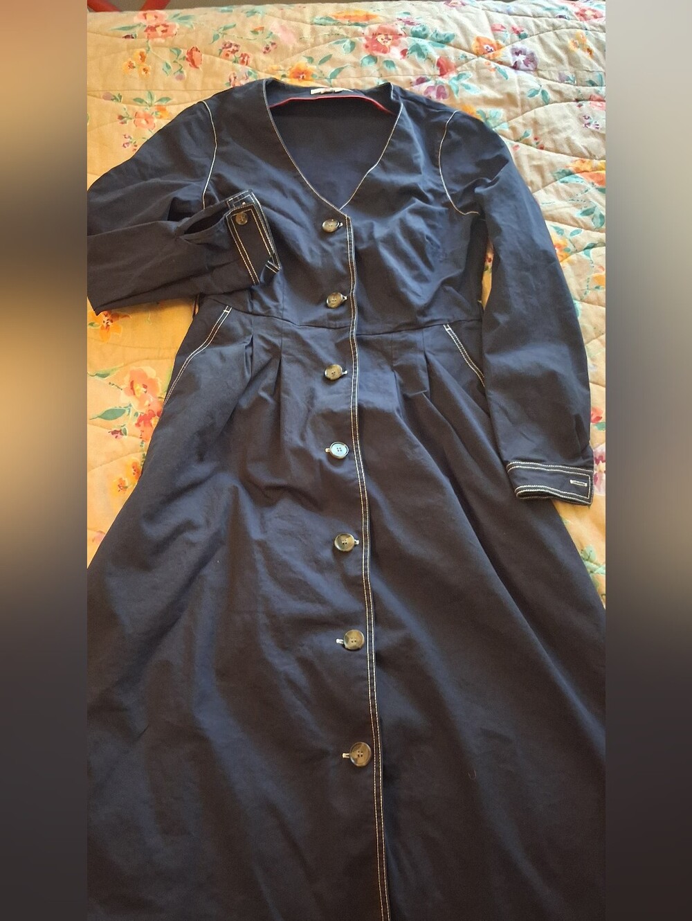 Women’s Navy Cotton Button-Front Dress with Contrast Stitching